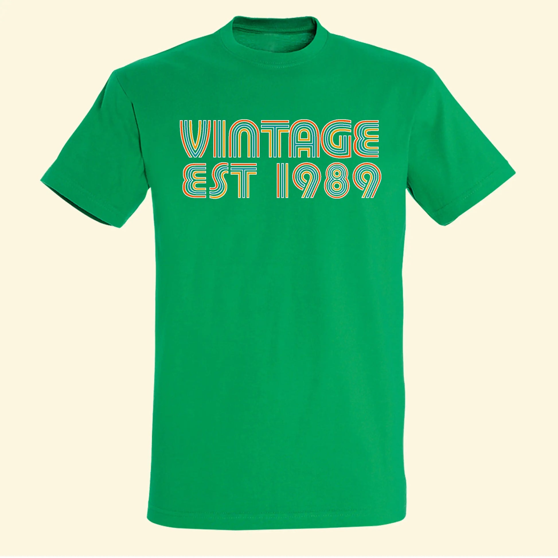 Green t shirt with vintage and est 1989 printed on the front in vibrant colours. Customise with your own year of birth