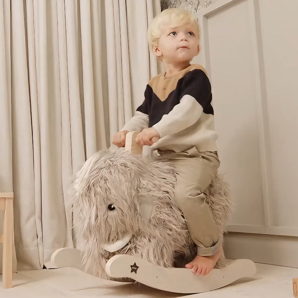 Video of a little boy playing with a rocking mammoth toy.