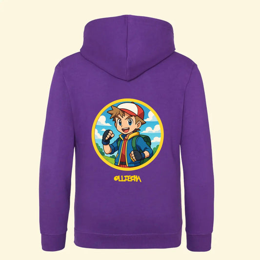 Pocket Trainer Hoodie – Anime Adventure Style. Purple hoodie with a photo of a boy which has been changed by a filter to a pokemon trainer style image with the text OLLIECHA printed underneath on the back