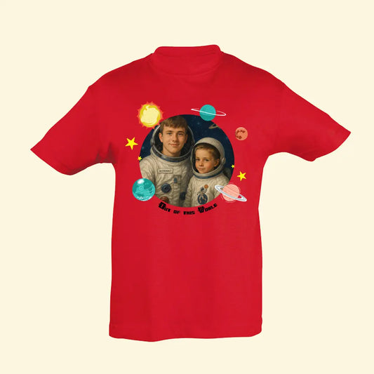 Red t shirt with a space design with a photo of to children that has turned them in to astronauts.