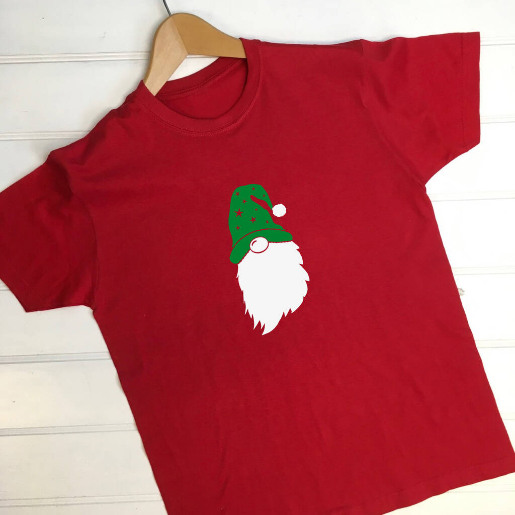 Children's red t shirt with a gonk printed on the front with a green hat with stars and a white beard