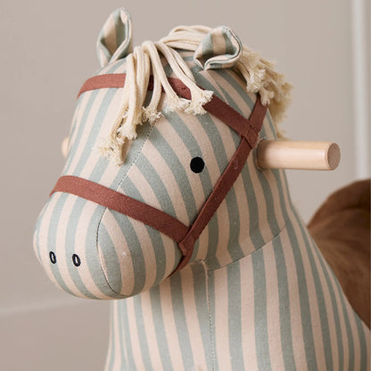 Close up front view of rocking horse sam's head