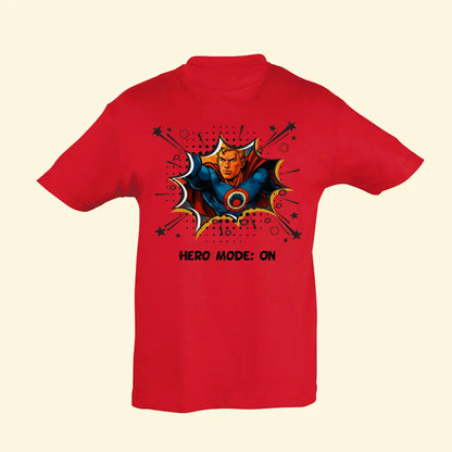 Red t shirt with a photo turned in to a superhero in a comic pow style bubble with the text Hero Mode: ON printed on the front