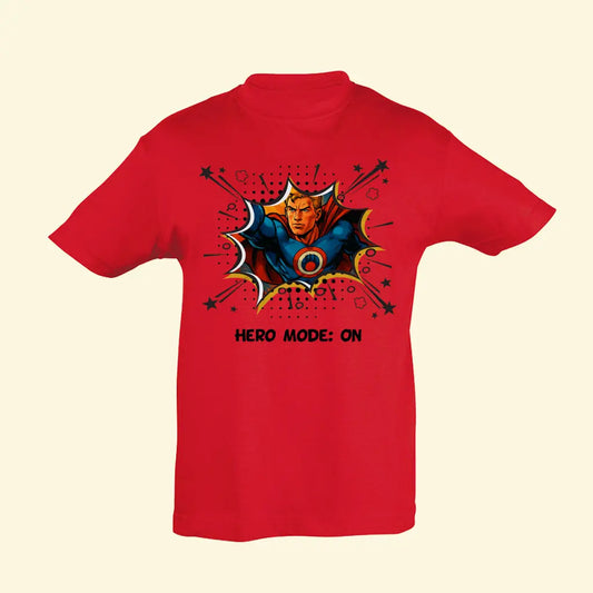 Red t shirt with a photo turned in to a superhero in a comic pow style bubble with the text Hero Mode: ON printed on the front