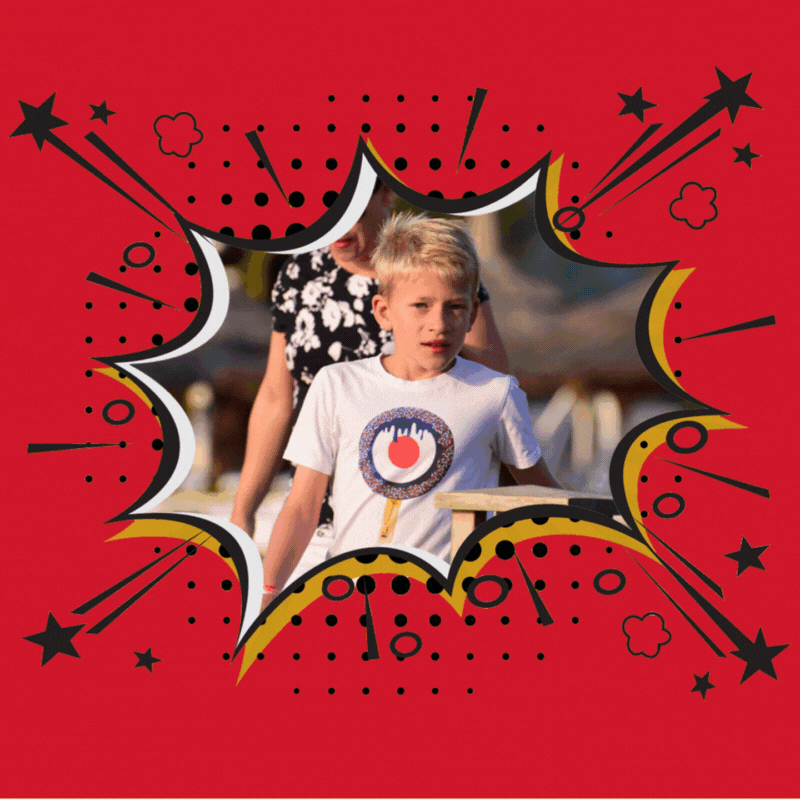 Gif showing before and after images of the photo, as a boy then transformed into a superhero